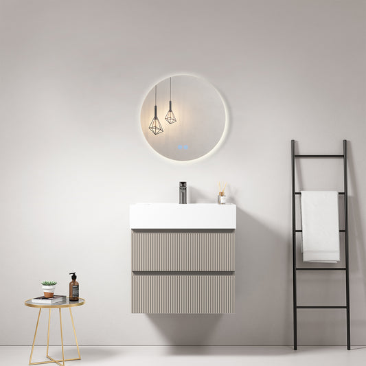Mobile bagno sospeso cannettato 60 cm Grigio Cenere Lavabo in Resina Specchio Tondo Retroilluminato - Fiji Paint