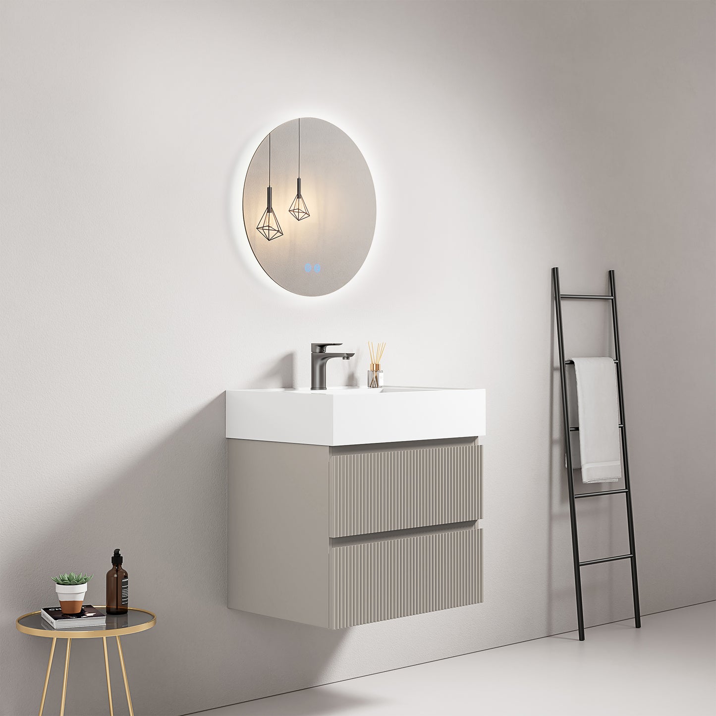 Mobile bagno sospeso cannettato 60 cm Grigio Cenere Lavabo in Resina Specchio Tondo Retroilluminato - Fiji Paint
