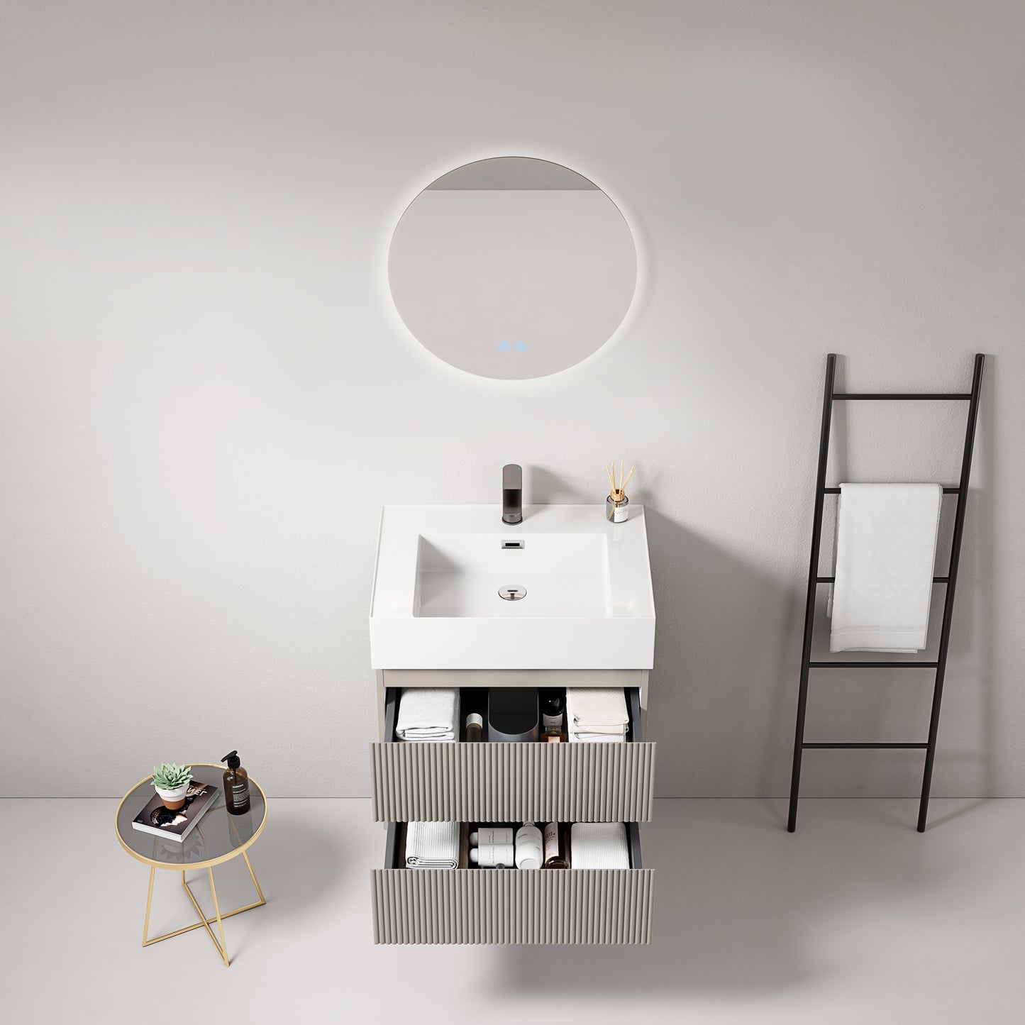 Mobile bagno sospeso cannettato 60 cm Grigio Cenere Lavabo in Resina Specchio Tondo Retroilluminato - Fiji Paint
