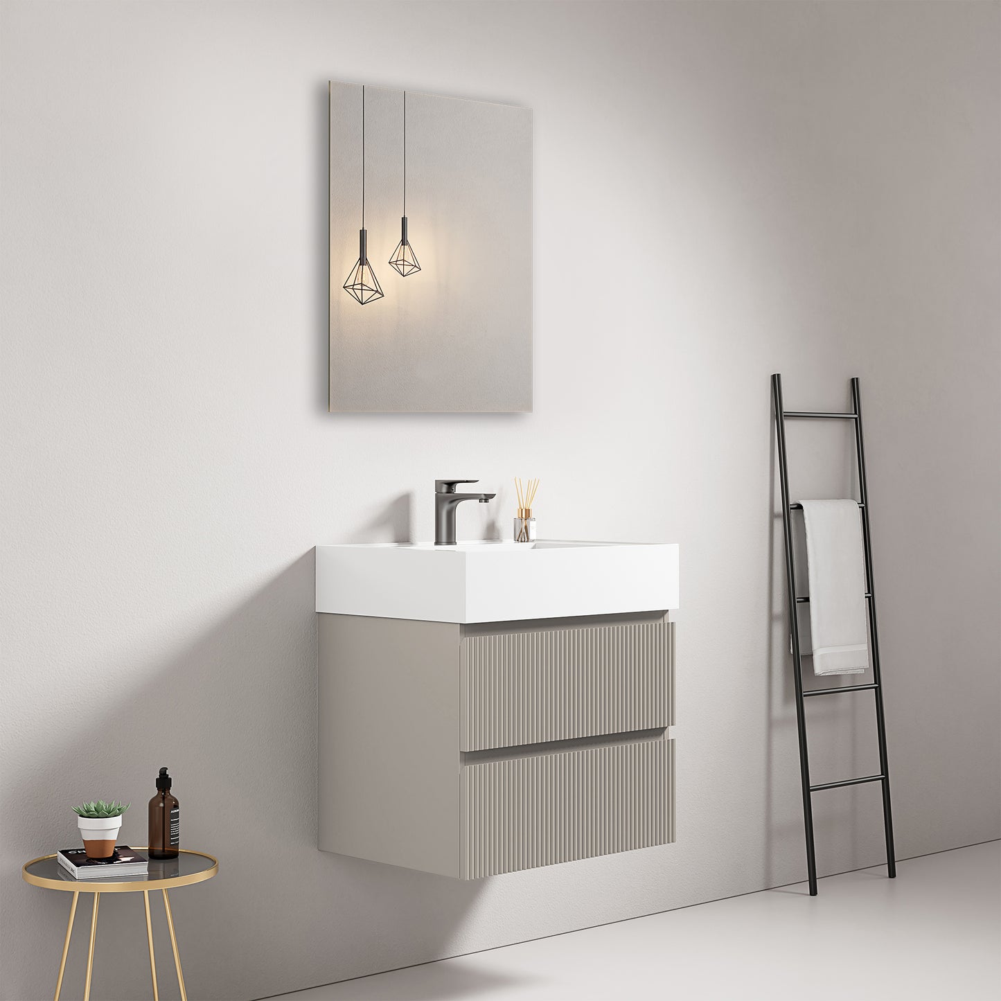 Mobile bagno sospeso cannettato 60 cm Grigio Cenere Lavabo in Resina Specchio Quadro - Fiji Paint
