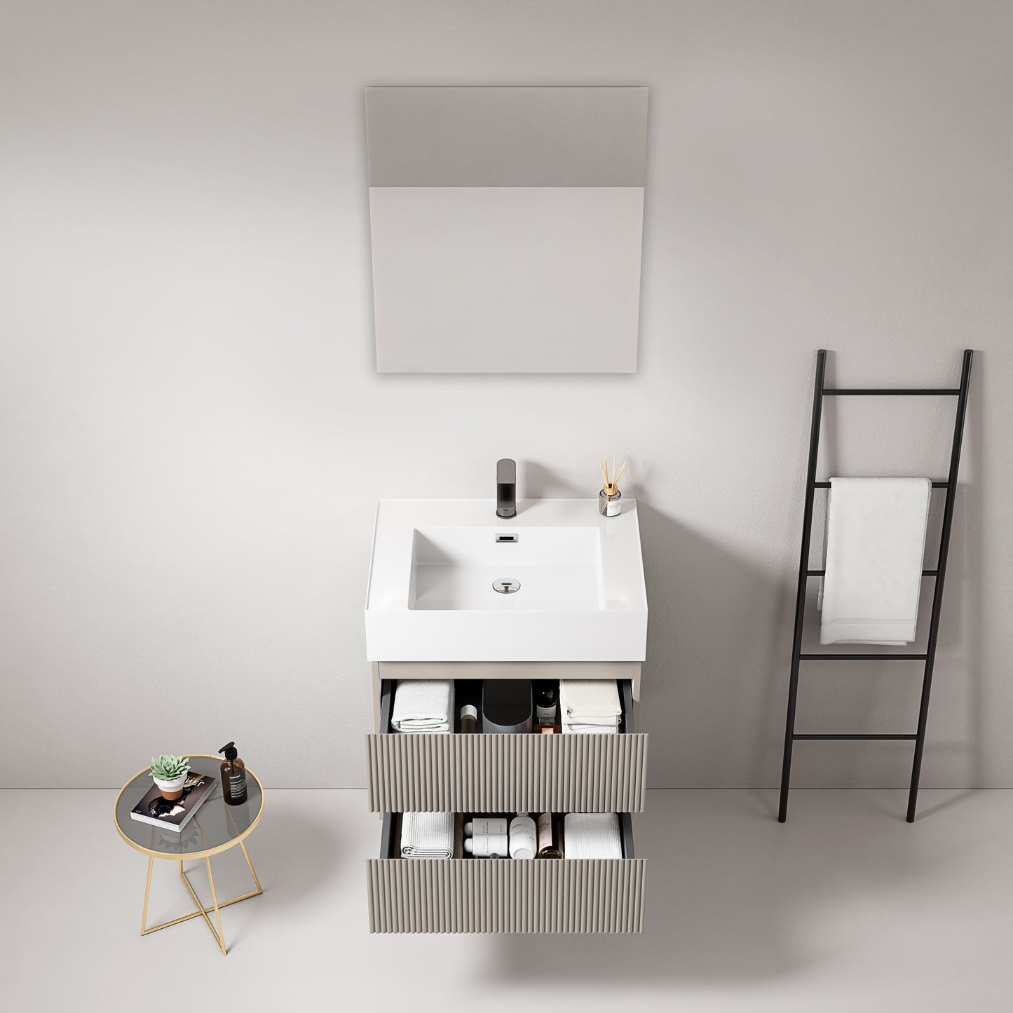 Mobile bagno sospeso cannettato 60 cm Grigio Cenere Lavabo in Resina Specchio Quadro - Fiji Paint