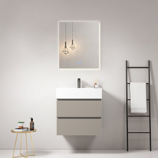 Mobile bagno sospeso cannettato 60 cm Grigio Cenere Lavabo in Resina Specchio Quadro Retroilluminato - Fiji Paint