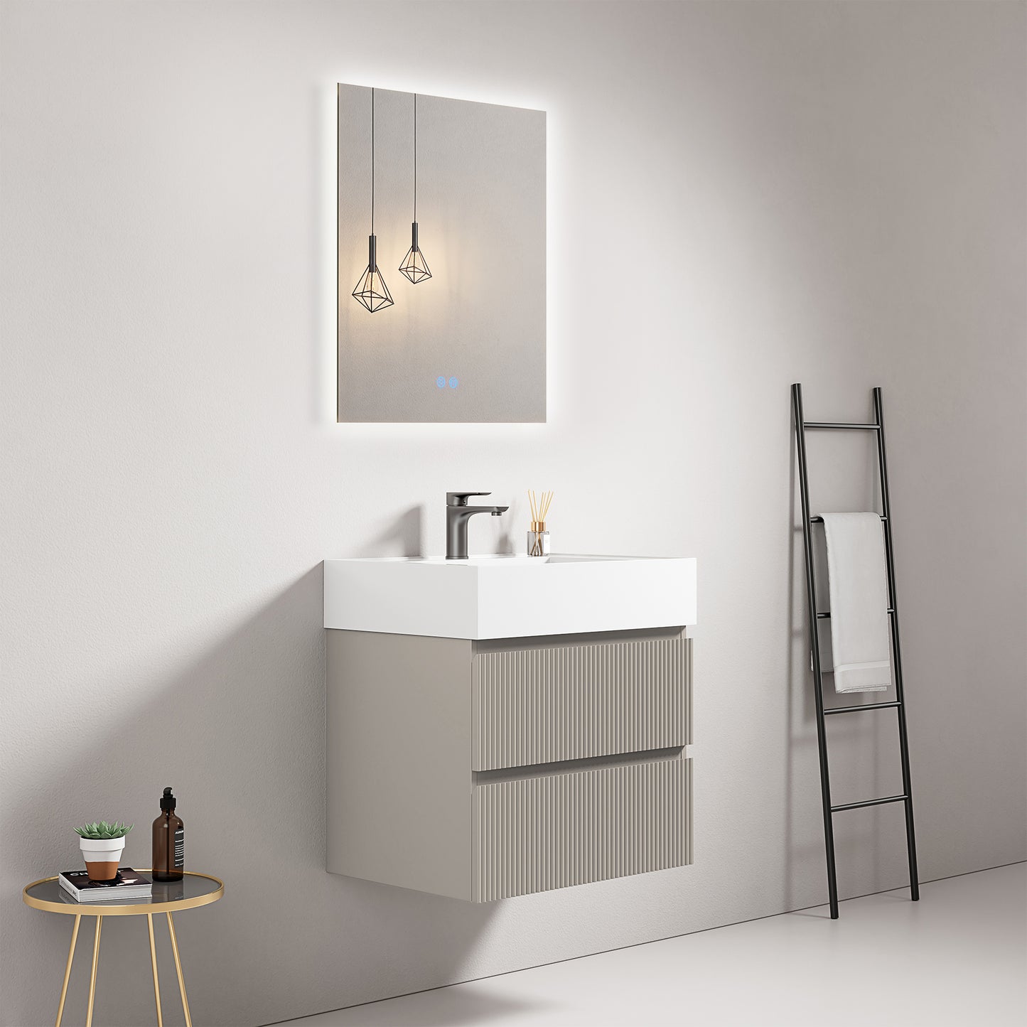 Mobile bagno sospeso cannettato 60 cm Grigio Cenere Lavabo in Resina Specchio Quadro Retroilluminato - Fiji Paint