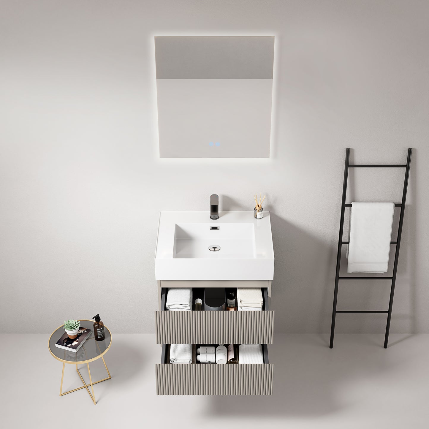 Mobile bagno sospeso cannettato 60 cm Grigio Cenere Lavabo in Resina Specchio Quadro Retroilluminato - Fiji Paint