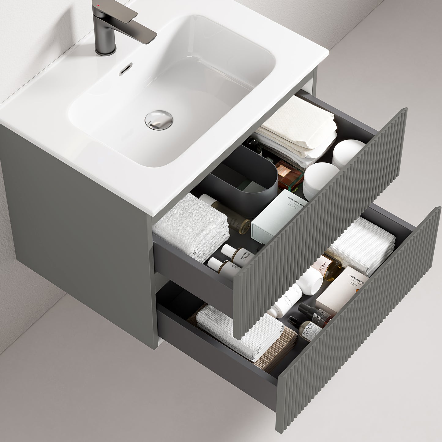 Mobile bagno sospeso cannettato 60 cm Grigio Londra Lavabo in Ceramica Specchio Tondo - Fiji Paint