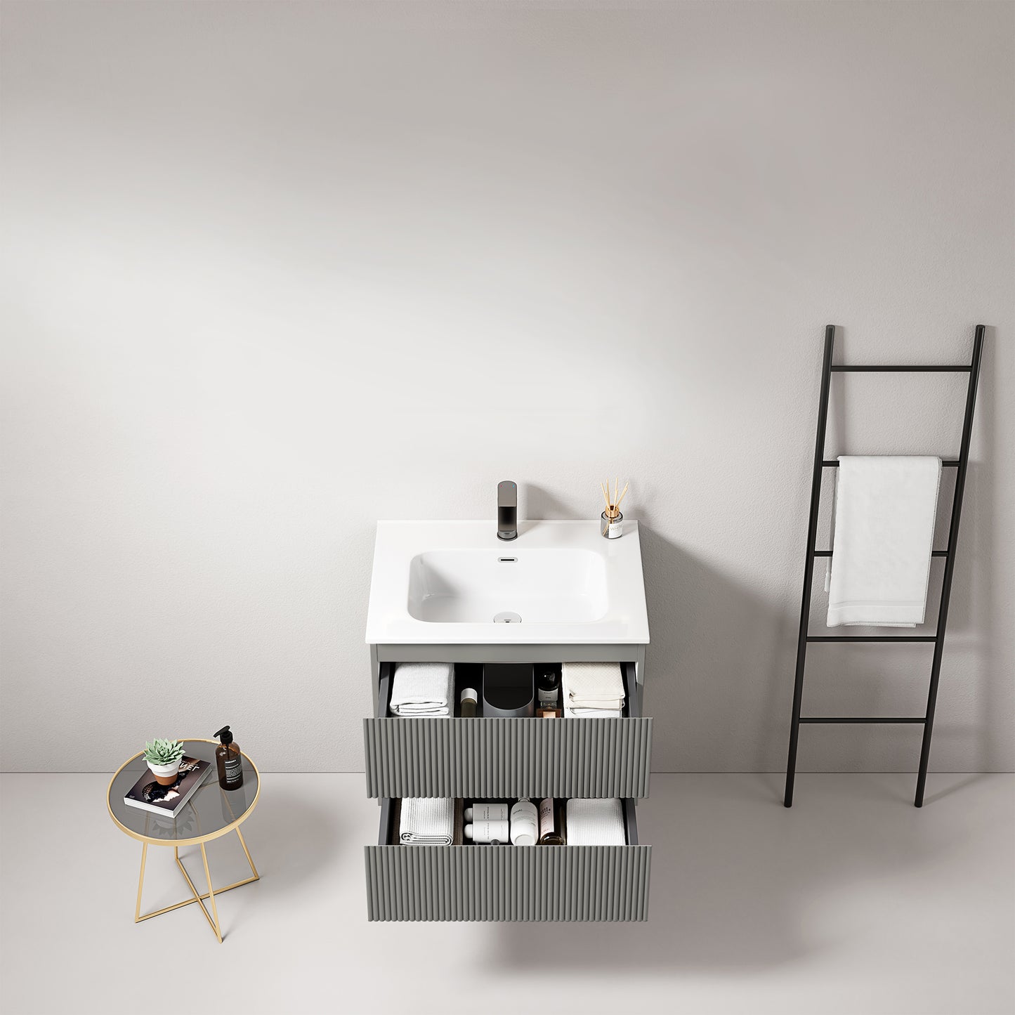 Mobile bagno sospeso cannettato 60 cm Grigio Londra Lavabo in Ceramica Senza Specchio - Fiji Paint