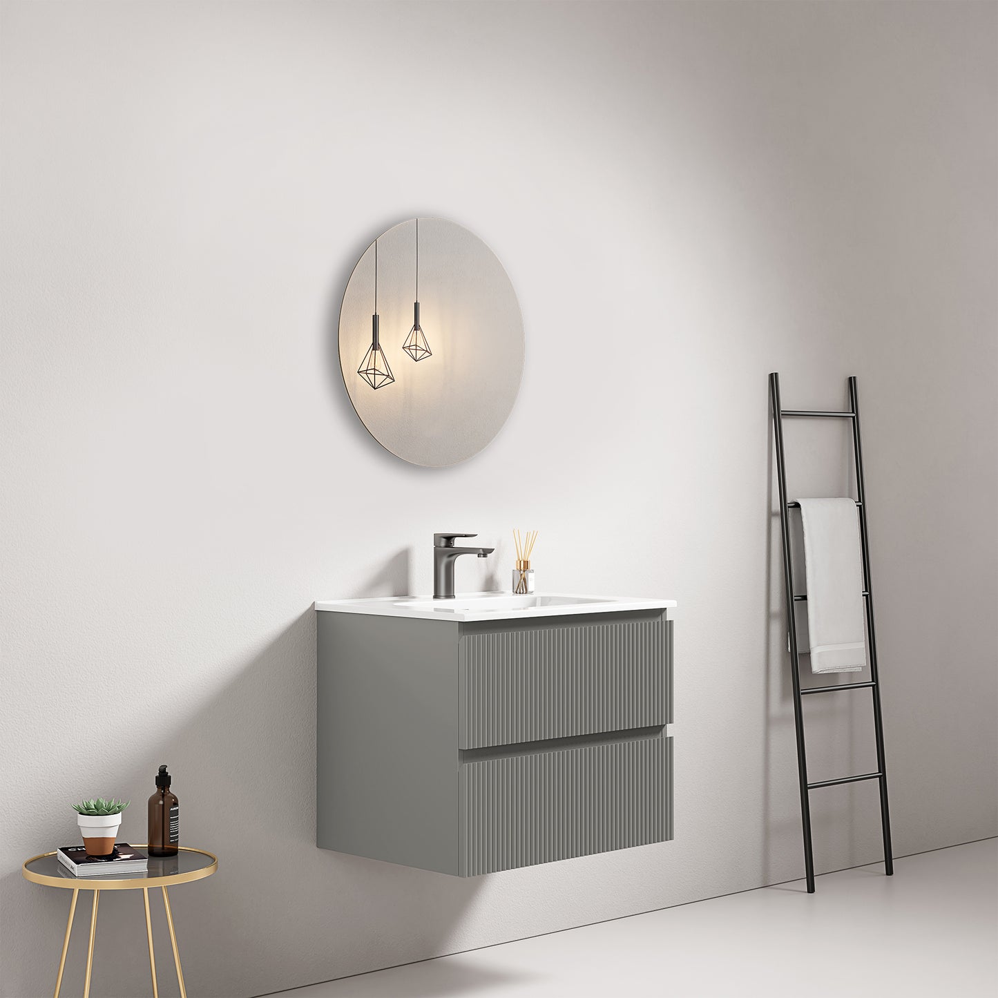 Mobile bagno sospeso cannettato 60 cm Grigio Londra Lavabo in Ceramica Specchio Tondo - Fiji Paint