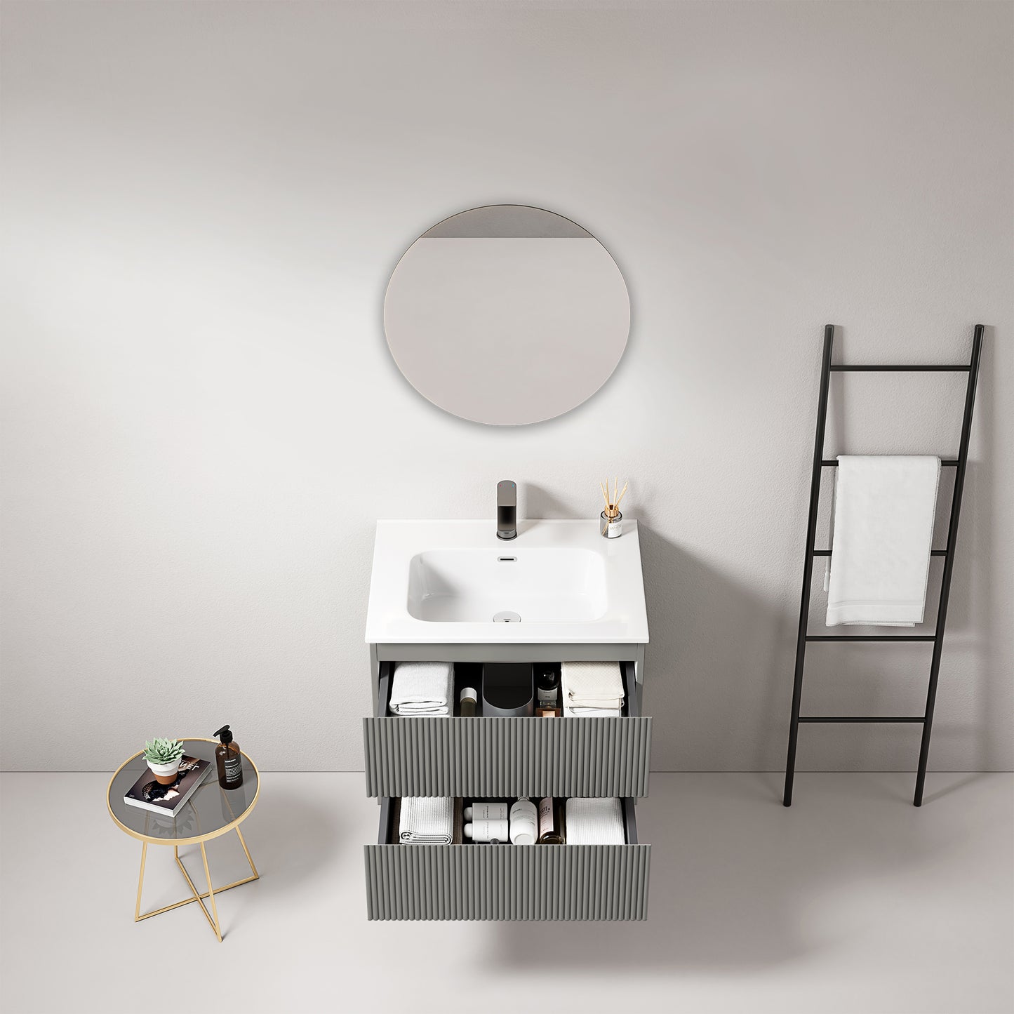 Mobile bagno sospeso cannettato 60 cm Grigio Londra Lavabo in Ceramica Specchio Tondo - Fiji Paint