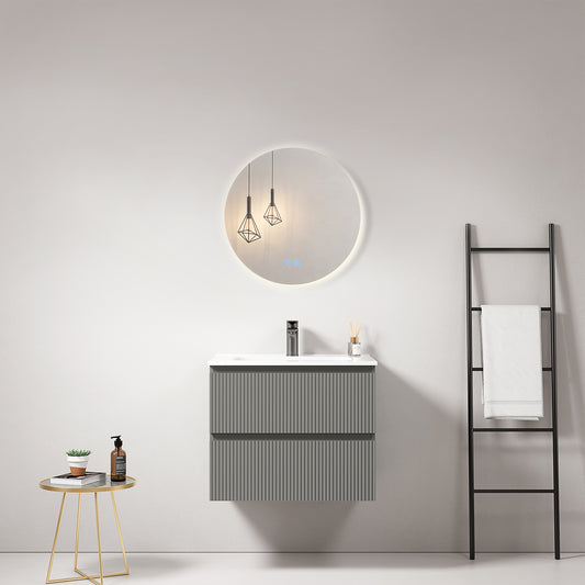 Mobile bagno sospeso cannettato 60 cm Grigio Londra Lavabo in Ceramica Specchio Tondo Retroilluminato - Fiji Paint
