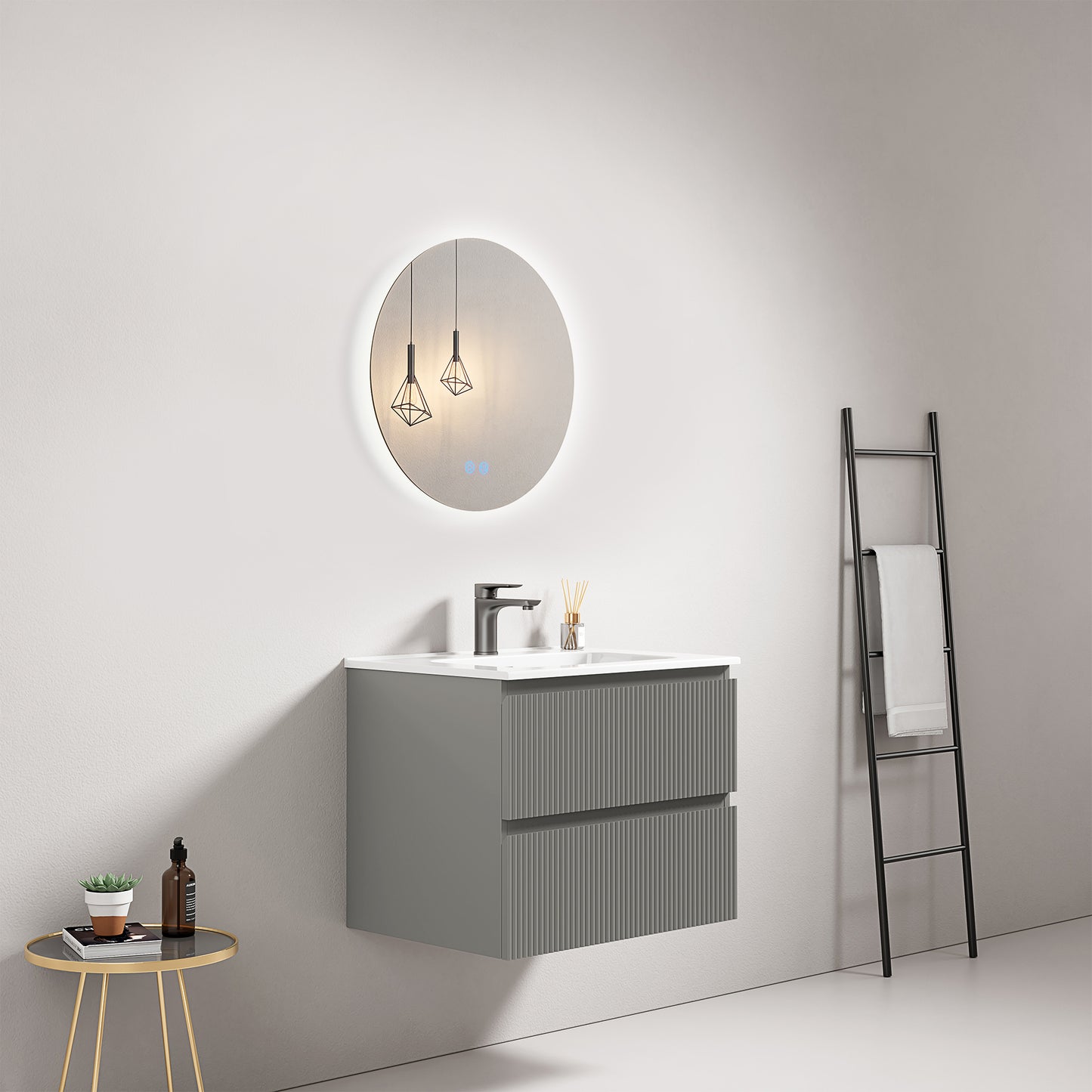 Mobile bagno sospeso cannettato 60 cm Grigio Londra Lavabo in Ceramica Specchio Tondo Retroilluminato - Fiji Paint