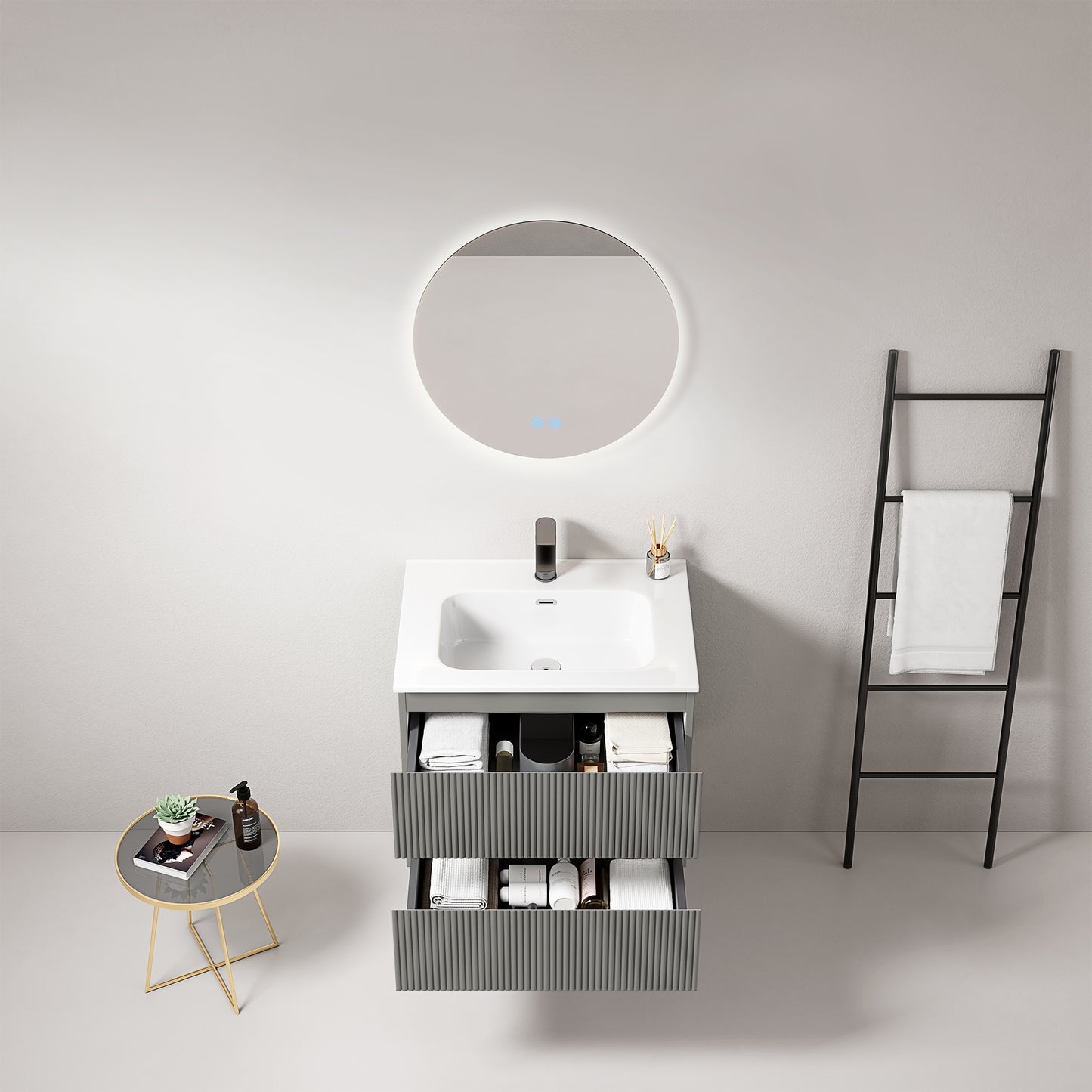 Mobile bagno sospeso cannettato 60 cm Grigio Londra Lavabo in Ceramica Specchio Tondo Retroilluminato - Fiji Paint