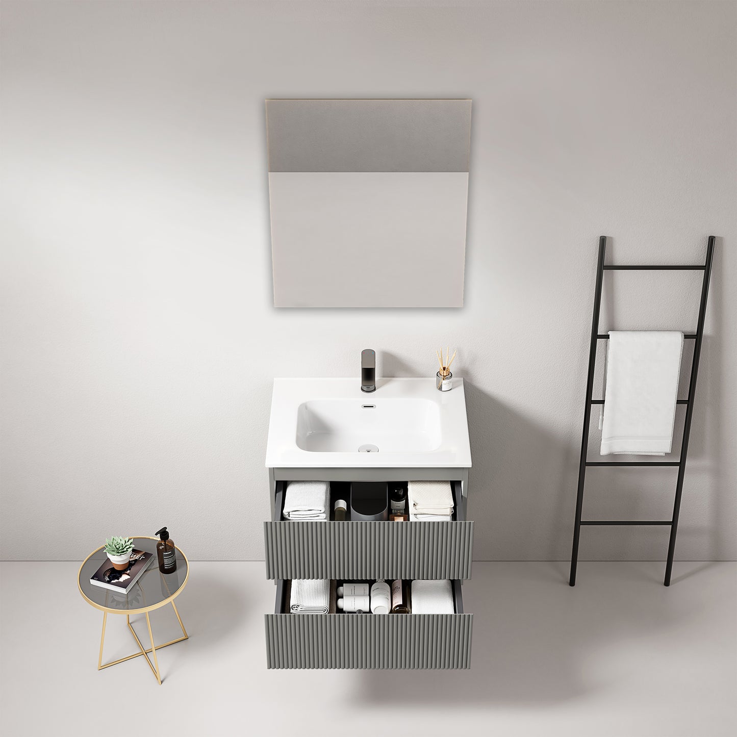 Mobile bagno sospeso cannettato 60 cm Grigio Londra Lavabo in Ceramica Specchio Quadro - Fiji Paint