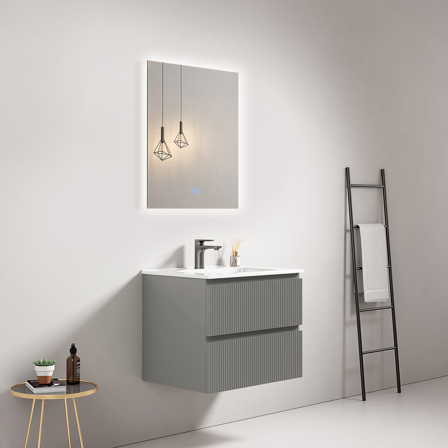 Mobile bagno sospeso cannettato 60 cm Grigio Londra Lavabo in Ceramica Specchio Quadro Retroilluminato - Fiji Paint