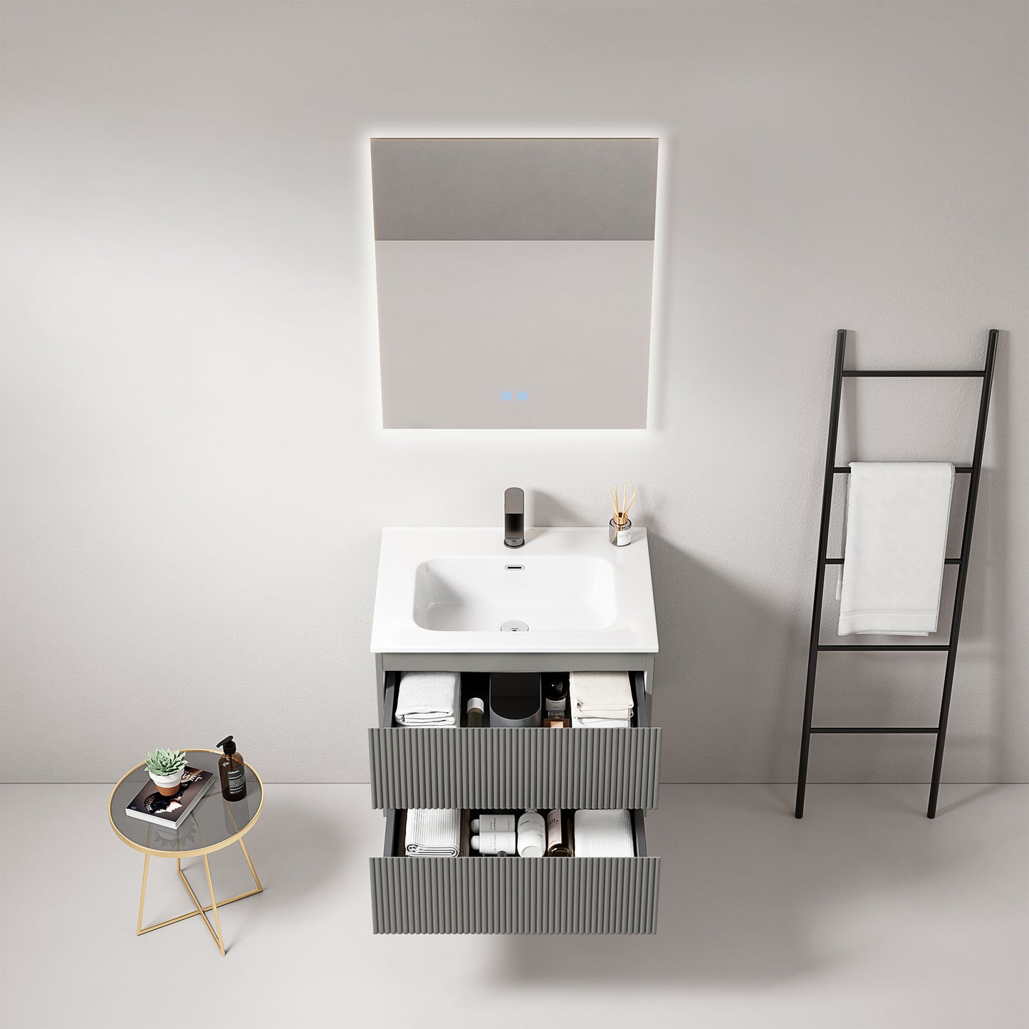 Mobile bagno sospeso cannettato 60 cm Grigio Londra Lavabo in Ceramica Specchio Quadro Retroilluminato - Fiji Paint