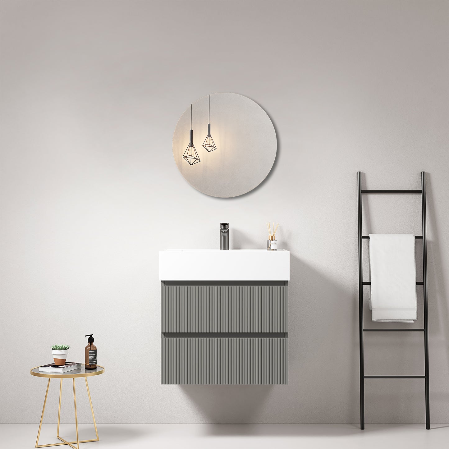 Mobile bagno sospeso cannettato 60 cm Grigio Londra Lavabo in Resina Specchio Tondo - Fiji Paint