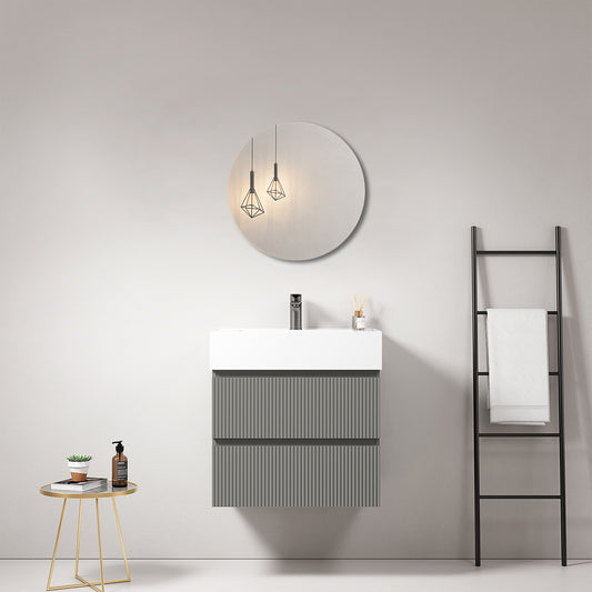 Mobile bagno sospeso cannettato 60 cm Grigio Londra Lavabo in Resina Specchio Tondo - Fiji Paint