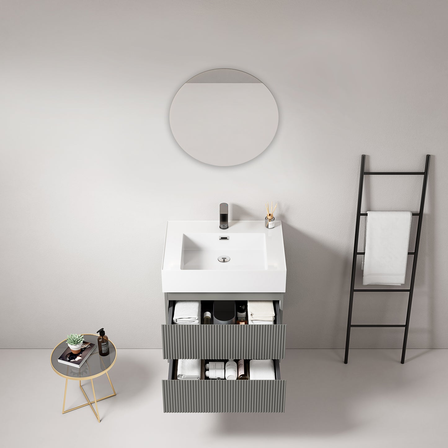 Mobile bagno sospeso cannettato 60 cm Grigio Londra Lavabo in Resina Specchio Tondo - Fiji Paint
