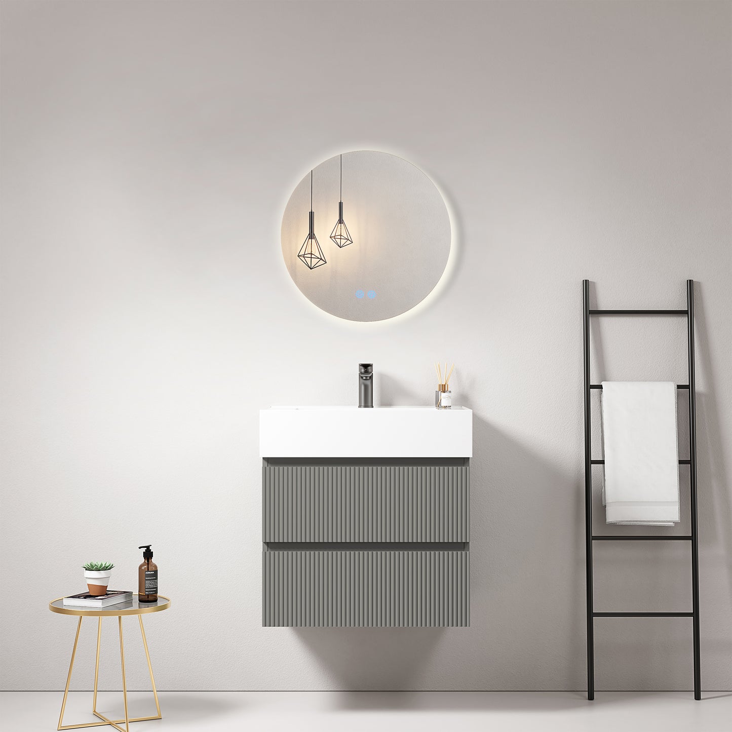 Mobile bagno sospeso cannettato 60 cm Grigio Londra Lavabo in Resina Specchio Tondo Retroilluminato - Fiji Paint