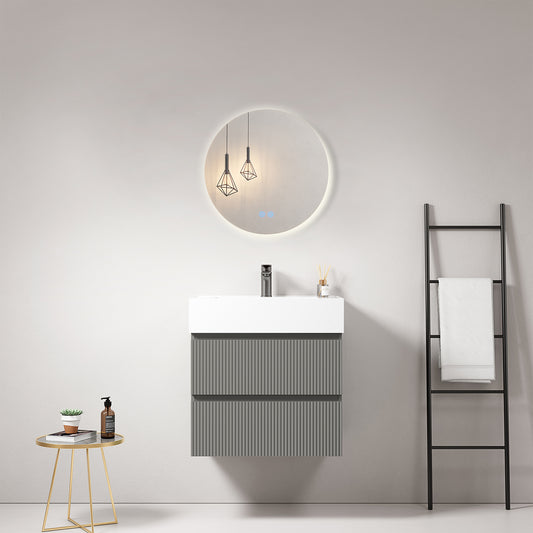 Mobile bagno sospeso cannettato 60 cm Grigio Londra Lavabo in Resina Specchio Tondo Retroilluminato - Fiji Paint