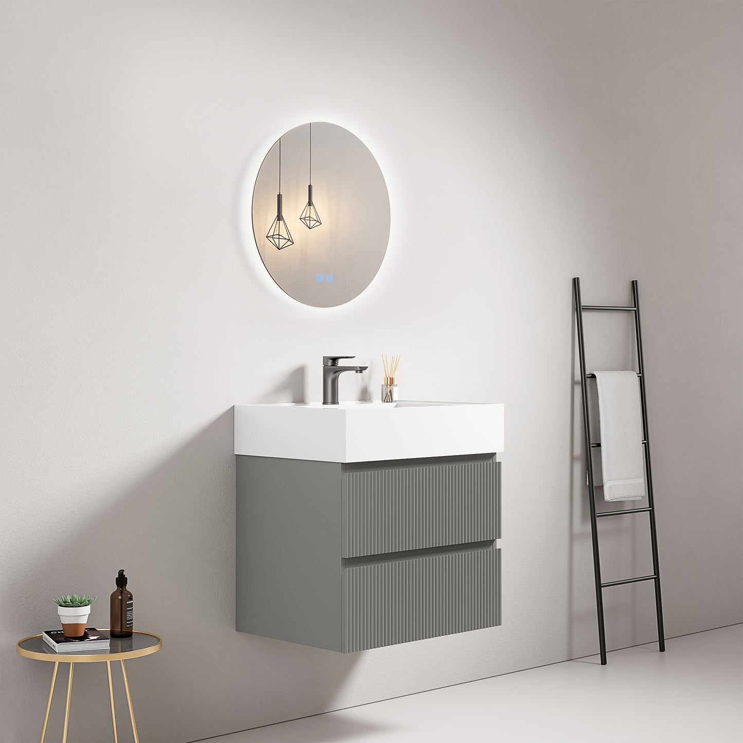 Mobile bagno sospeso cannettato 60 cm Grigio Londra Lavabo in Resina Specchio Tondo Retroilluminato - Fiji Paint