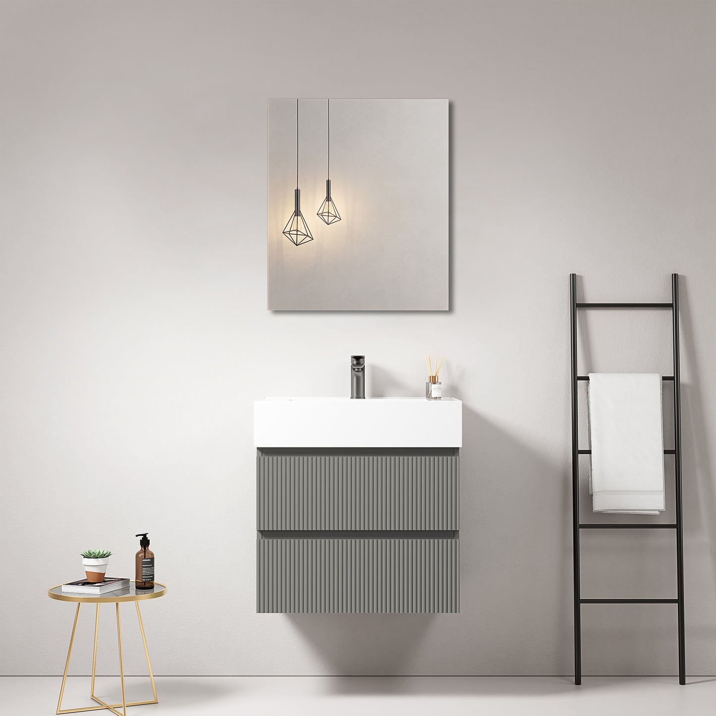 Mobile bagno sospeso cannettato 60 cm Grigio Londra Lavabo in Resina Specchio Quadro - Fiji Paint