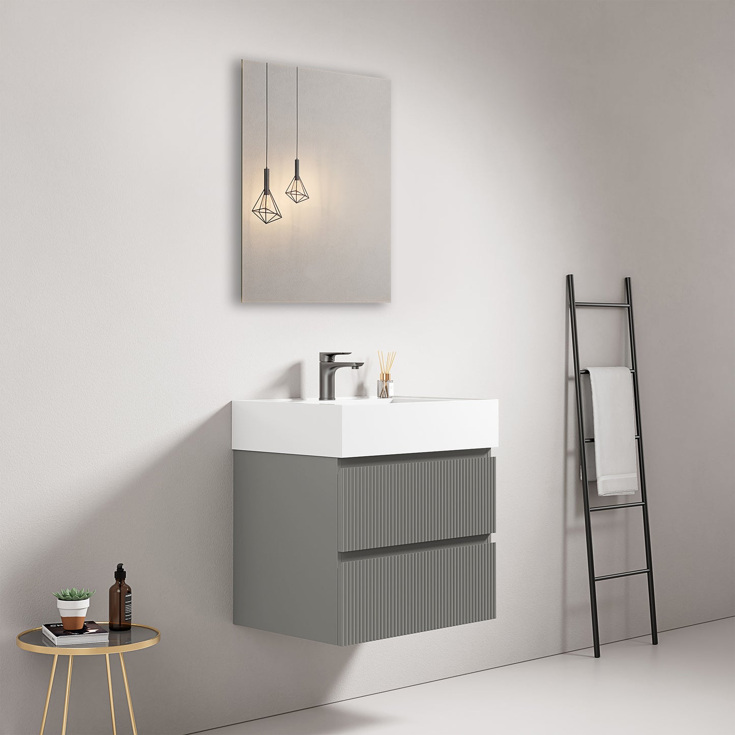 Mobile bagno sospeso cannettato 60 cm Grigio Londra Lavabo in Resina Specchio Quadro - Fiji Paint
