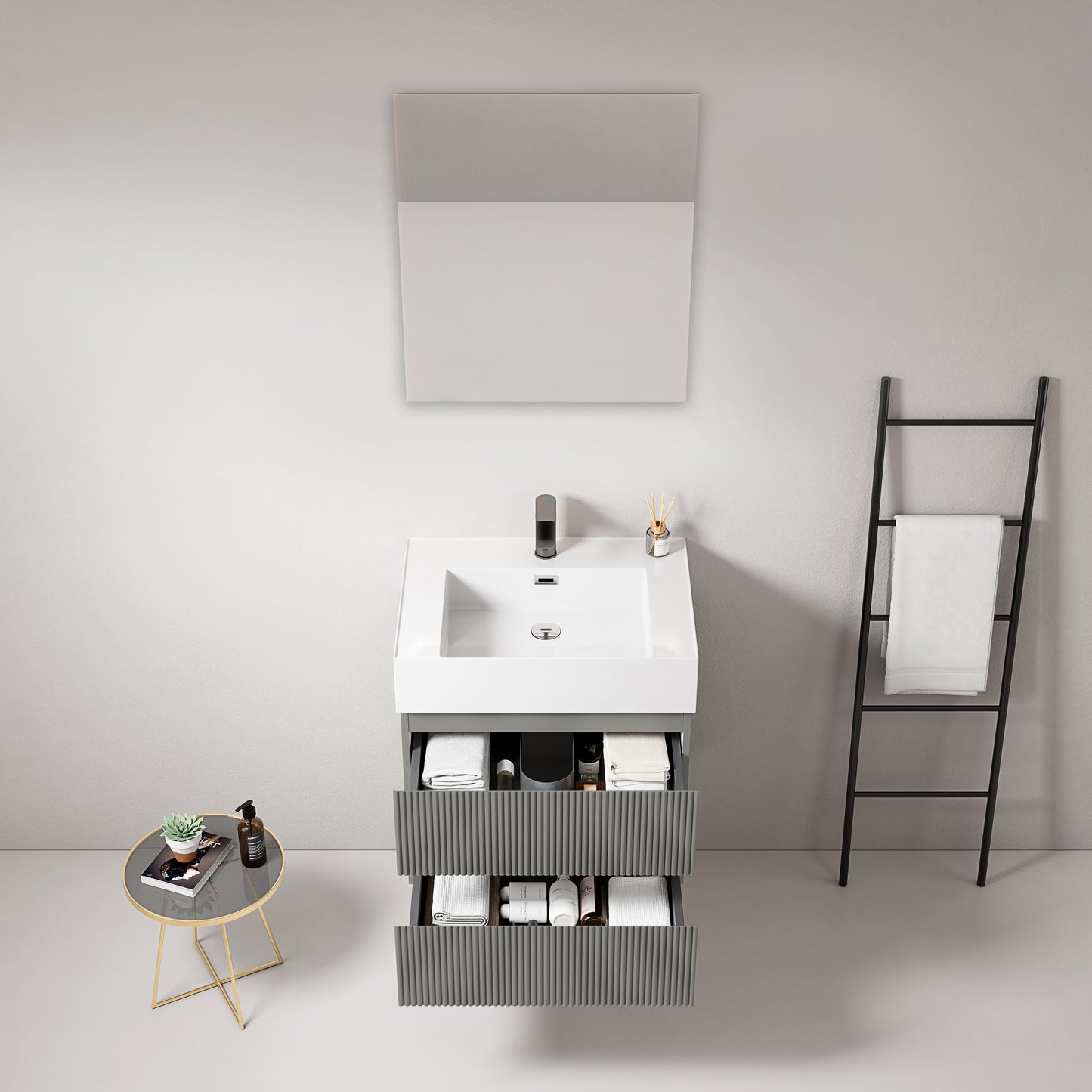 Mobile bagno sospeso cannettato 60 cm Grigio Londra Lavabo in Resina Specchio Quadro - Fiji Paint