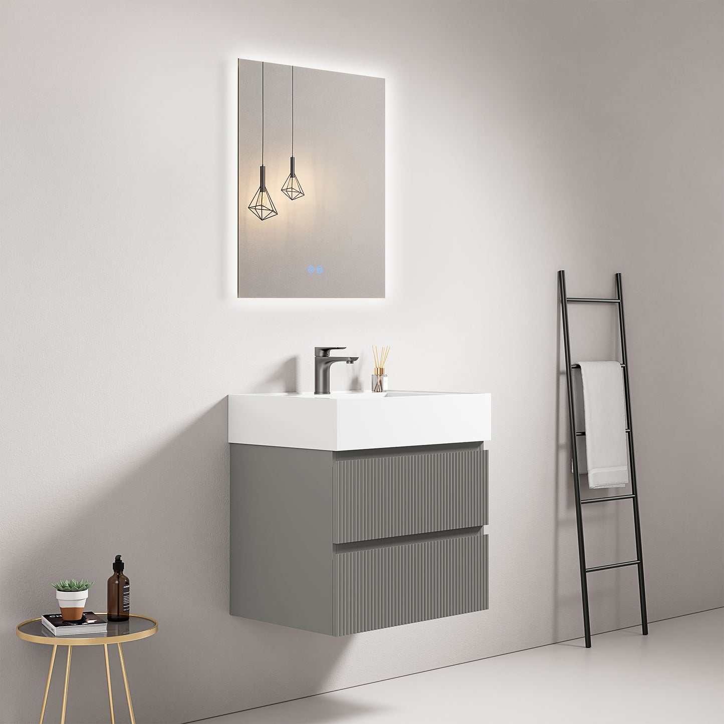 Mobile bagno sospeso cannettato 60 cm Grigio Londra Lavabo in Resina Specchio Quadro Retroilluminato - Fiji Paint
