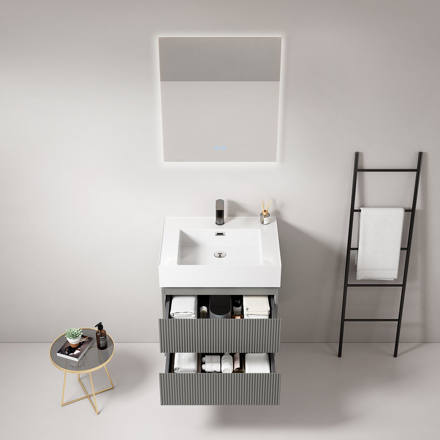 Mobile bagno sospeso cannettato 60 cm Grigio Londra Lavabo in Resina Specchio Quadro Retroilluminato - Fiji Paint