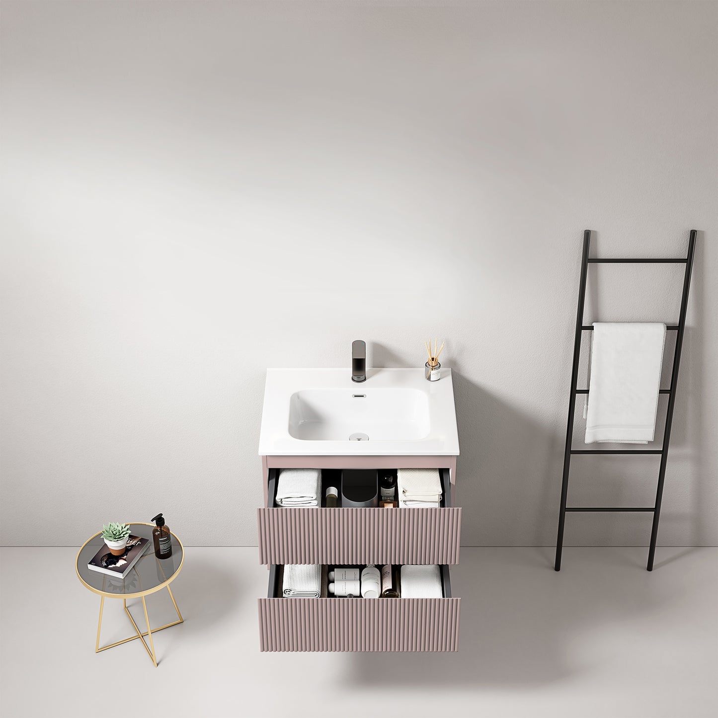 Mobile bagno sospeso cannettato 60 cm Rosa Retro Lavabo in Ceramica Senza Specchio - Fiji Paint