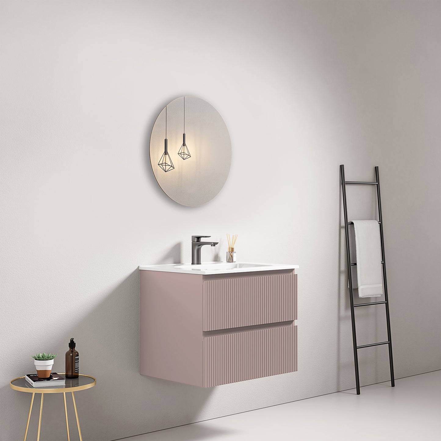 Mobile bagno sospeso cannettato 60 cm Rosa Retro Lavabo in Ceramica Specchio Tondo - Fiji Paint