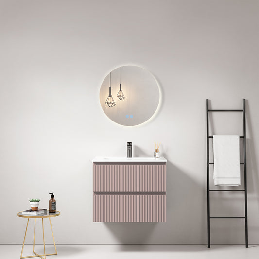 Mobile bagno sospeso cannettato 60 cm Rosa Retro Lavabo in Ceramica Specchio Tondo Retroilluminato - Fiji Paint