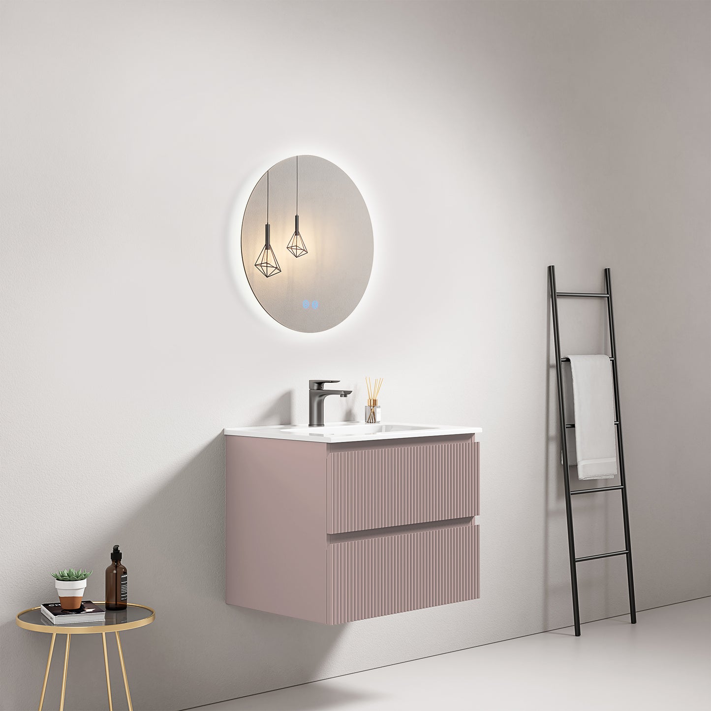 Mobile bagno sospeso cannettato 60 cm Rosa Retro Lavabo in Ceramica Specchio Tondo Retroilluminato - Fiji Paint