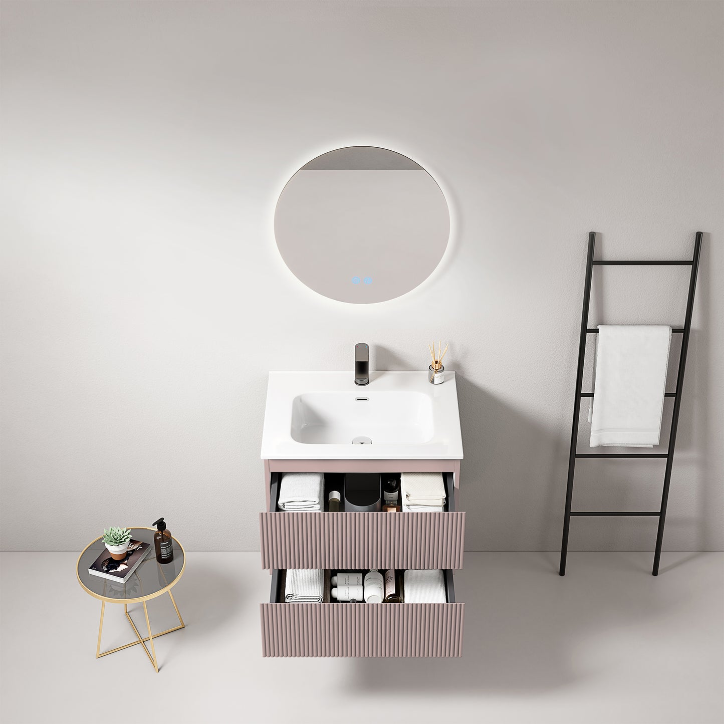 Mobile bagno sospeso cannettato 60 cm Rosa Retro Lavabo in Ceramica Specchio Tondo Retroilluminato - Fiji Paint