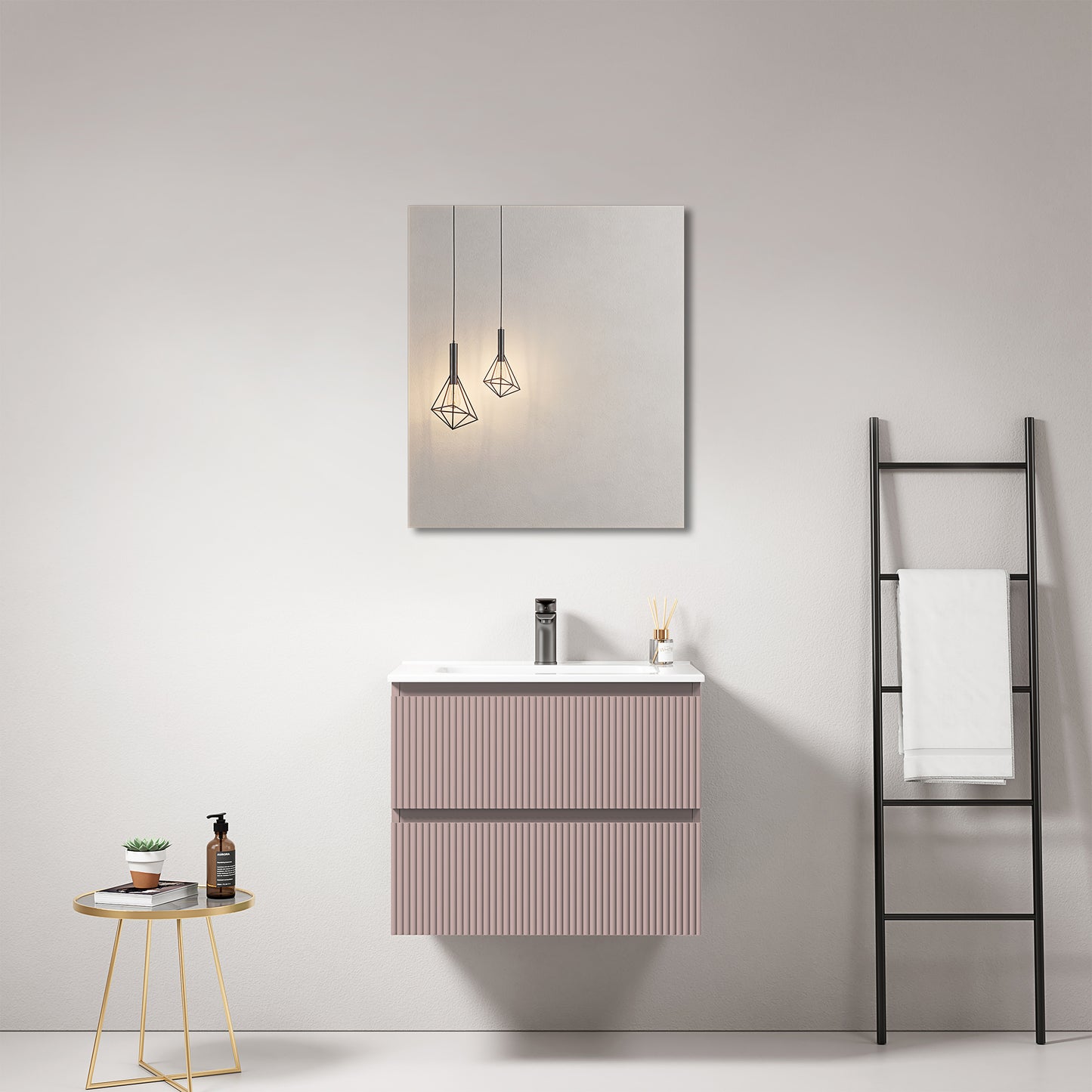 Mobile bagno sospeso cannettato 60 cm Rosa Retro Lavabo in Ceramica Specchio Quadro - Fiji Paint