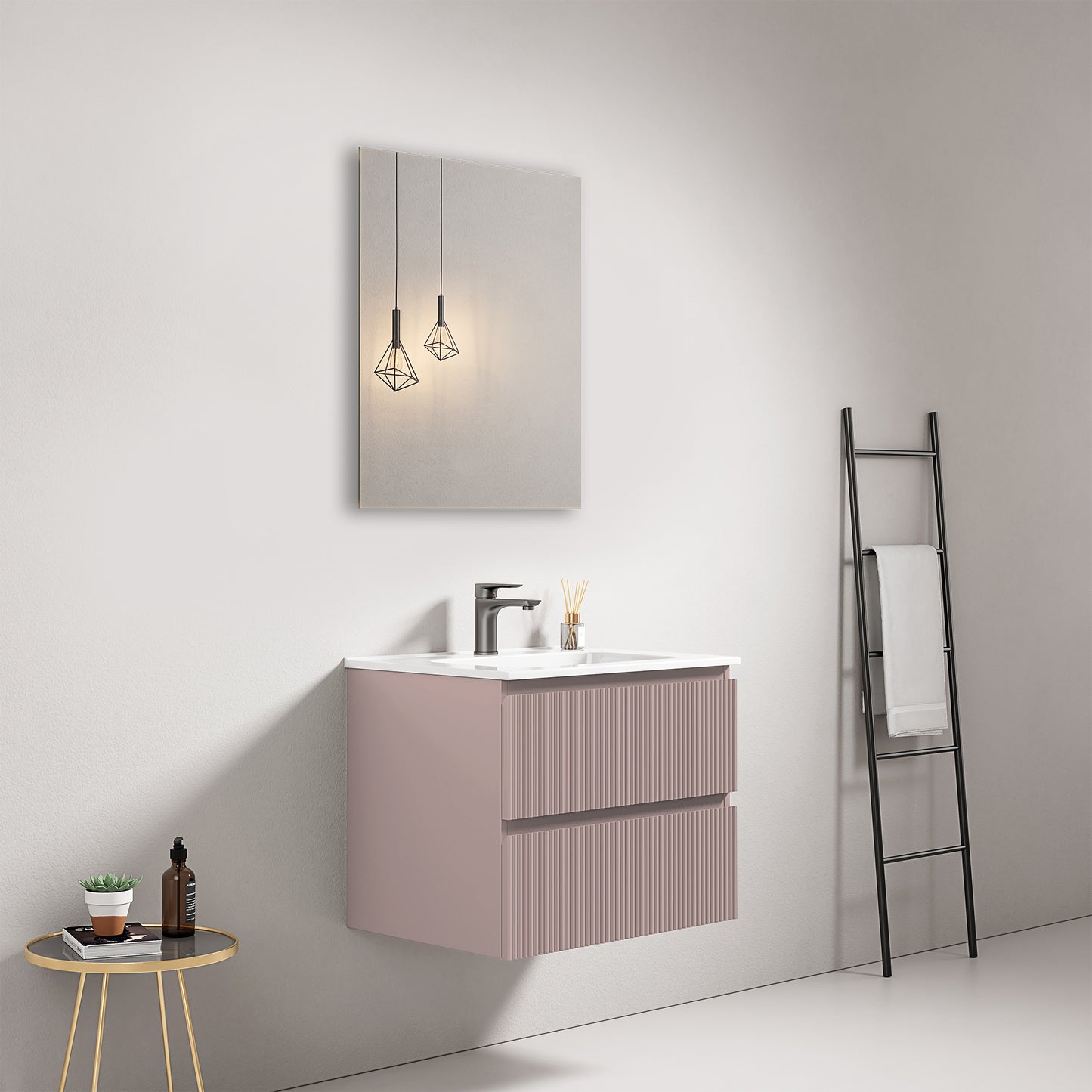 Mobile bagno sospeso cannettato 60 cm Rosa Retro Lavabo in Ceramica Specchio Quadro - Fiji Paint