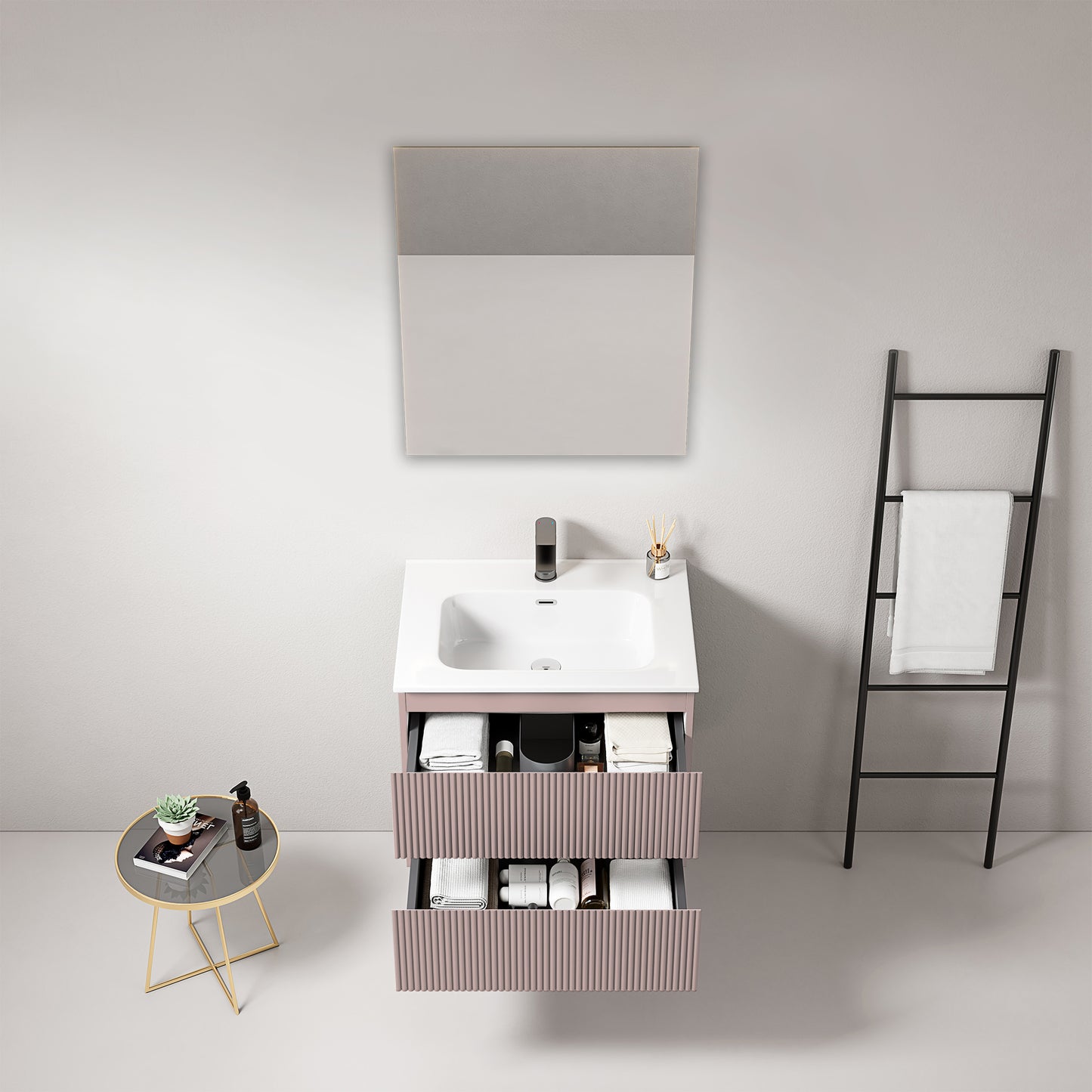 Mobile bagno sospeso cannettato 60 cm Rosa Retro Lavabo in Ceramica Specchio Quadro - Fiji Paint