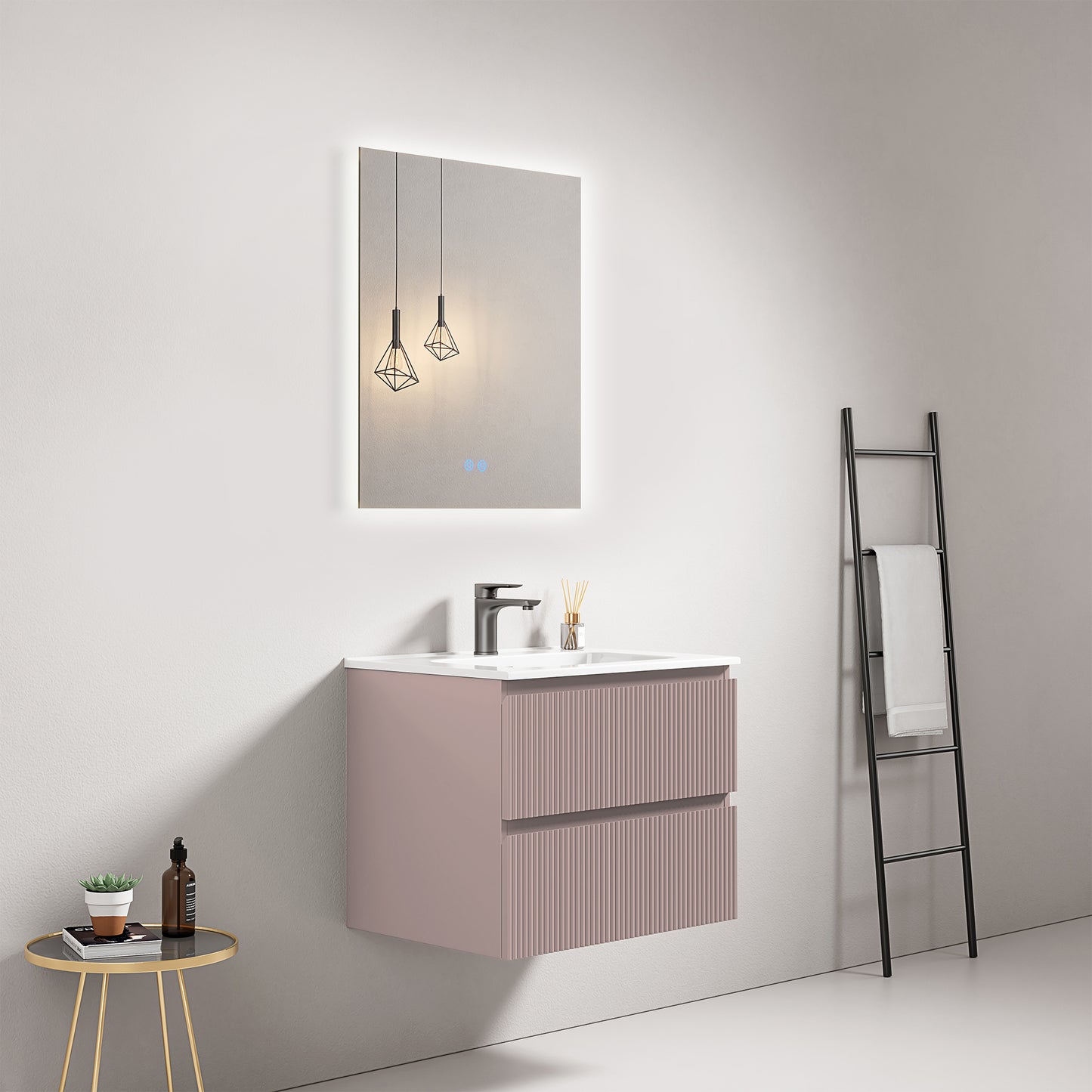 Mobile bagno sospeso cannettato 60 cm Rosa Retro Lavabo in Ceramica Specchio Quadro Retroilluminato - Fiji Paint