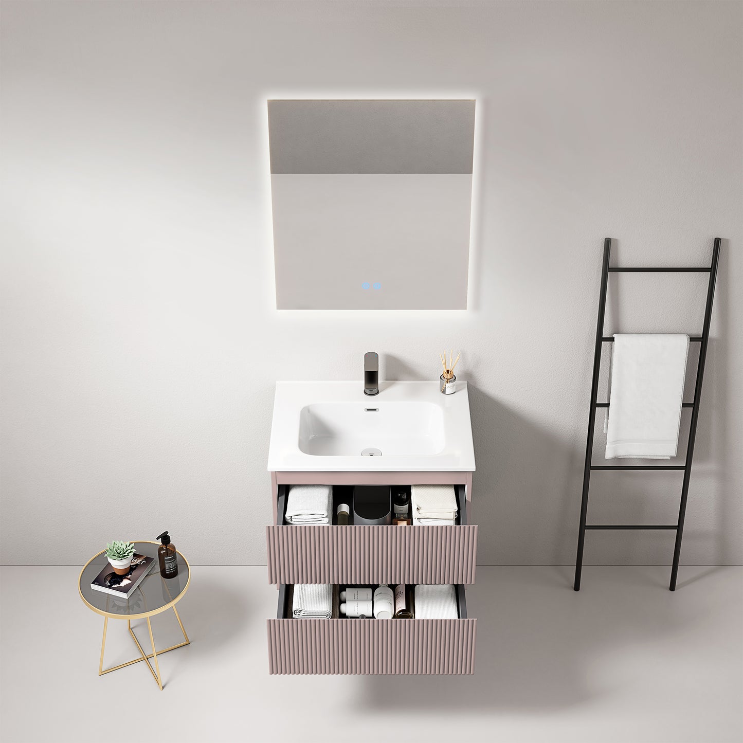 Mobile bagno sospeso cannettato 60 cm Rosa Retro Lavabo in Ceramica Specchio Quadro Retroilluminato - Fiji Paint