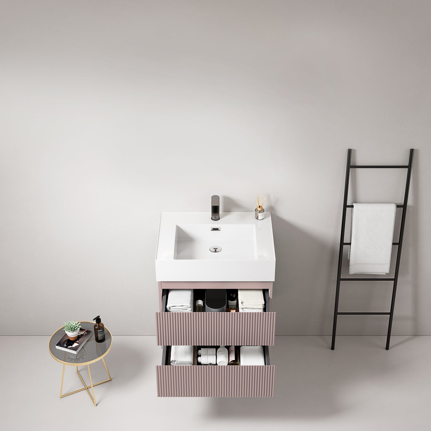 Mobile bagno sospeso cannettato 60 cm Rosa Retro Lavabo in Resina Senza Specchio - Fiji Paint