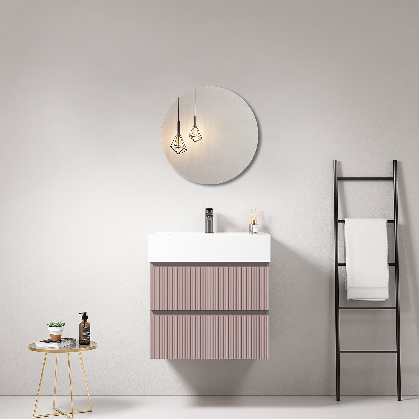 Mobile bagno sospeso cannettato 60 cm Rosa Retro Lavabo in Resina Specchio Tondo - Fiji Paint