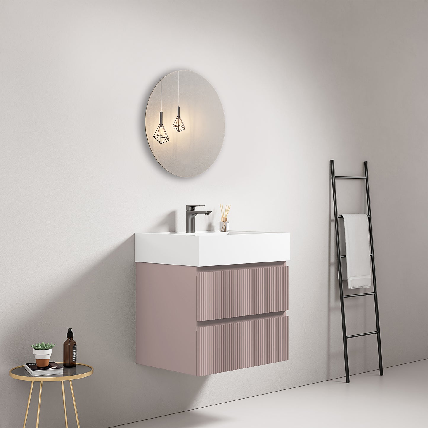 Mobile bagno sospeso cannettato 60 cm Rosa Retro Lavabo in Resina Specchio Tondo - Fiji Paint