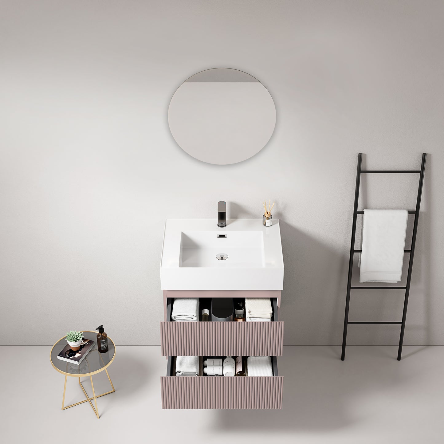 Mobile bagno sospeso cannettato 60 cm Rosa Retro Lavabo in Resina Specchio Tondo - Fiji Paint