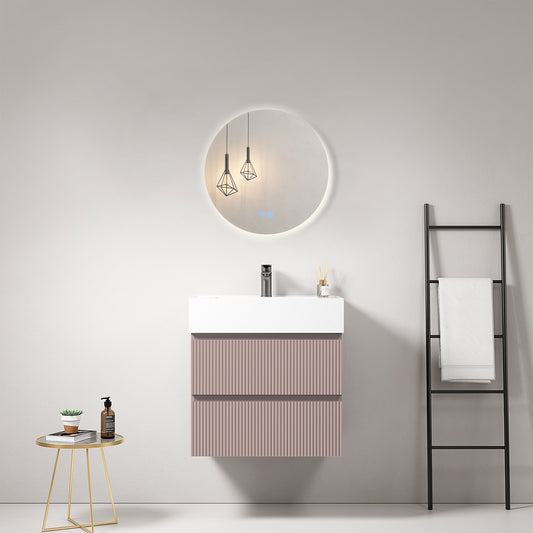Mobile bagno sospeso cannettato 60 cm Rosa Retro Lavabo in Resina Specchio Tondo Retroilluminato - Fiji Paint