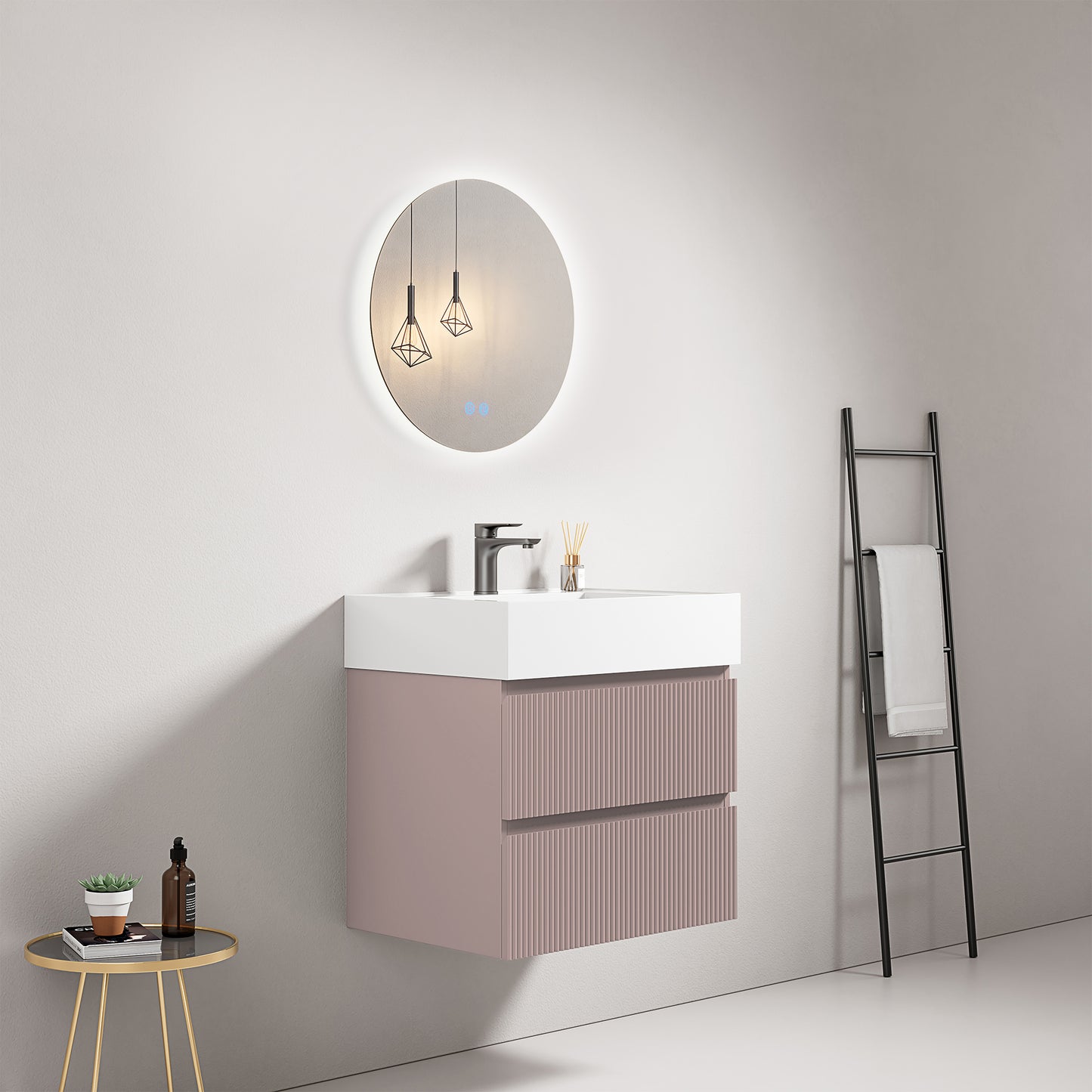 Mobile bagno sospeso cannettato 60 cm Rosa Retro Lavabo in Resina Specchio Tondo Retroilluminato - Fiji Paint