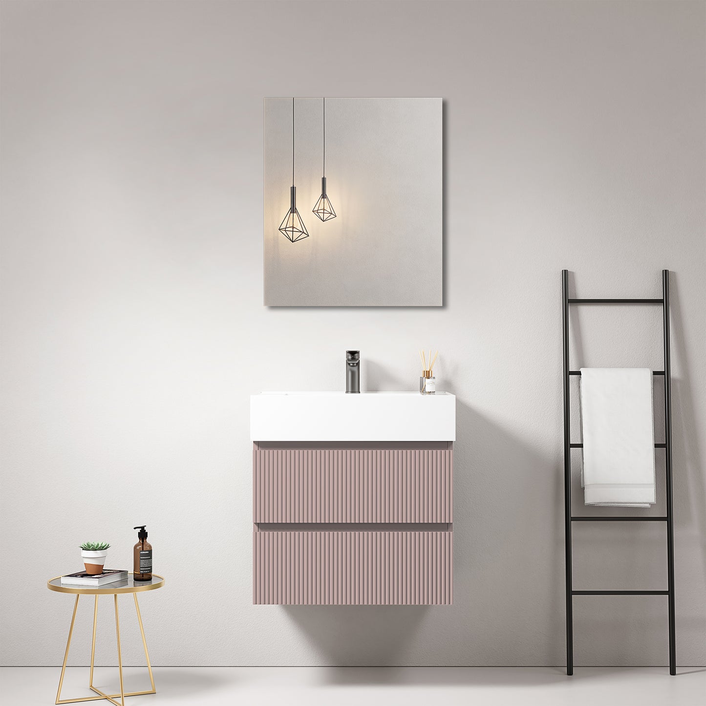 Mobile bagno sospeso cannettato 60 cm Rosa Retro Lavabo in Resina Specchio Quadro - Fiji Paint