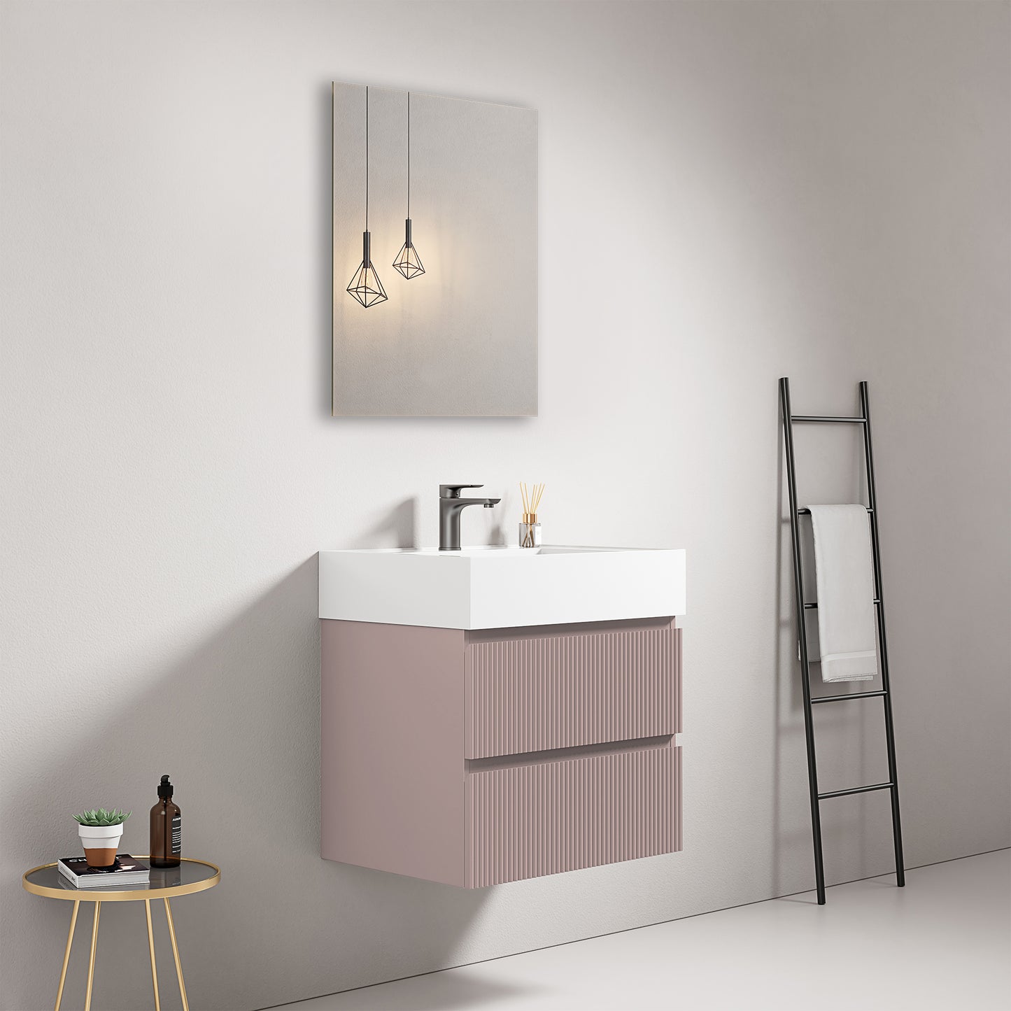 Mobile bagno sospeso cannettato 60 cm Rosa Retro Lavabo in Resina Specchio Quadro - Fiji Paint