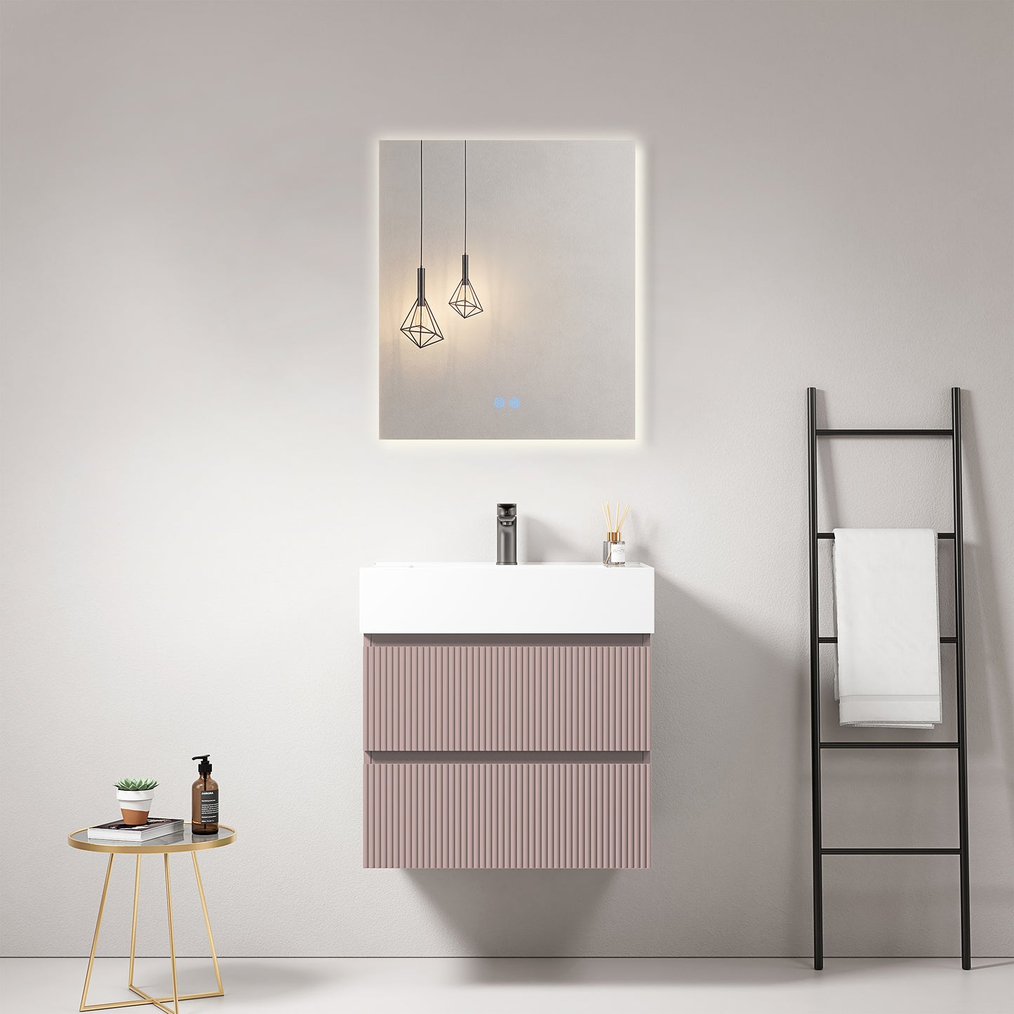 Mobile bagno sospeso cannettato 60 cm Rosa Retro Lavabo in Resina Specchio Quadro Retroilluminato - Fiji Paint