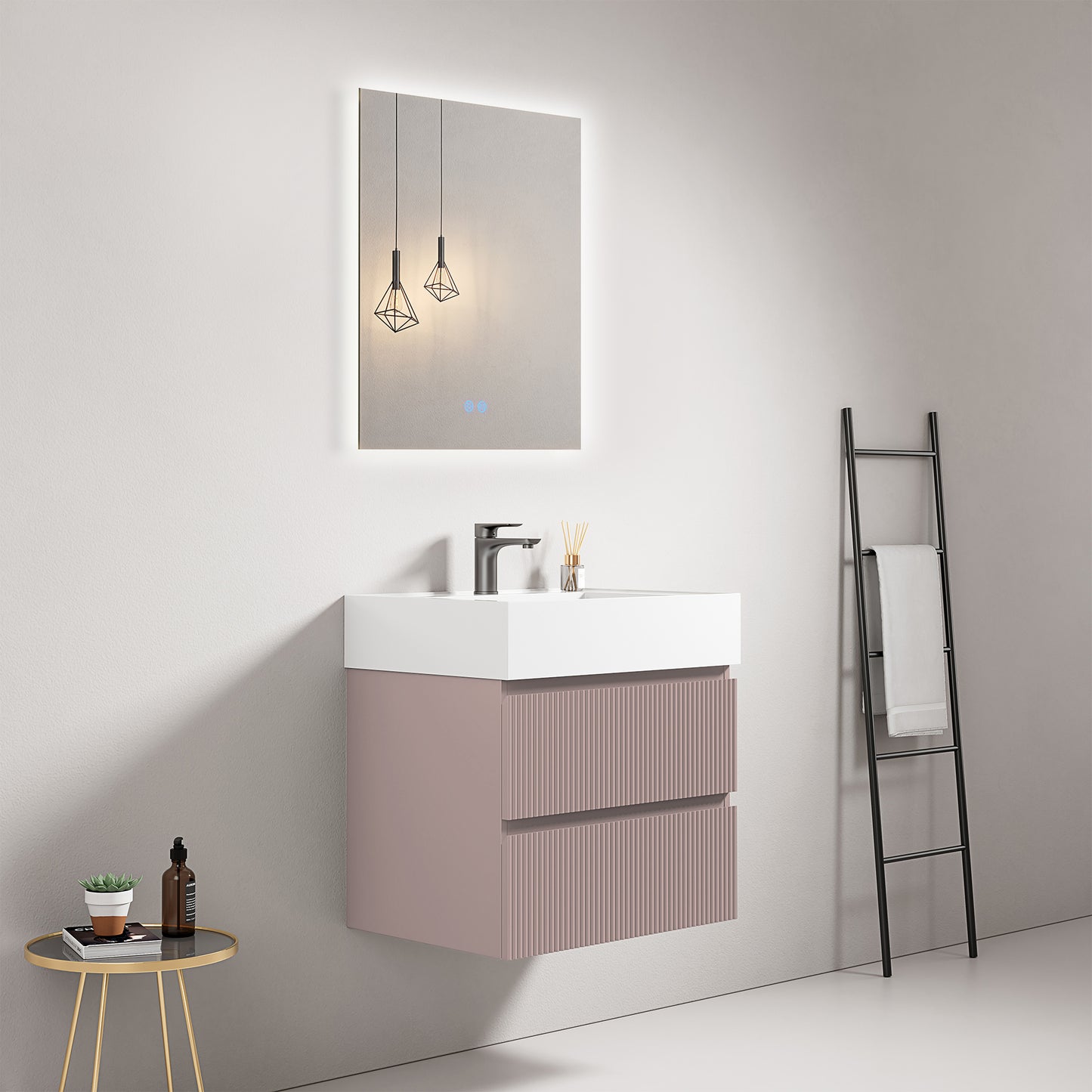 Mobile bagno sospeso cannettato 60 cm Rosa Retro Lavabo in Resina Specchio Quadro Retroilluminato - Fiji Paint