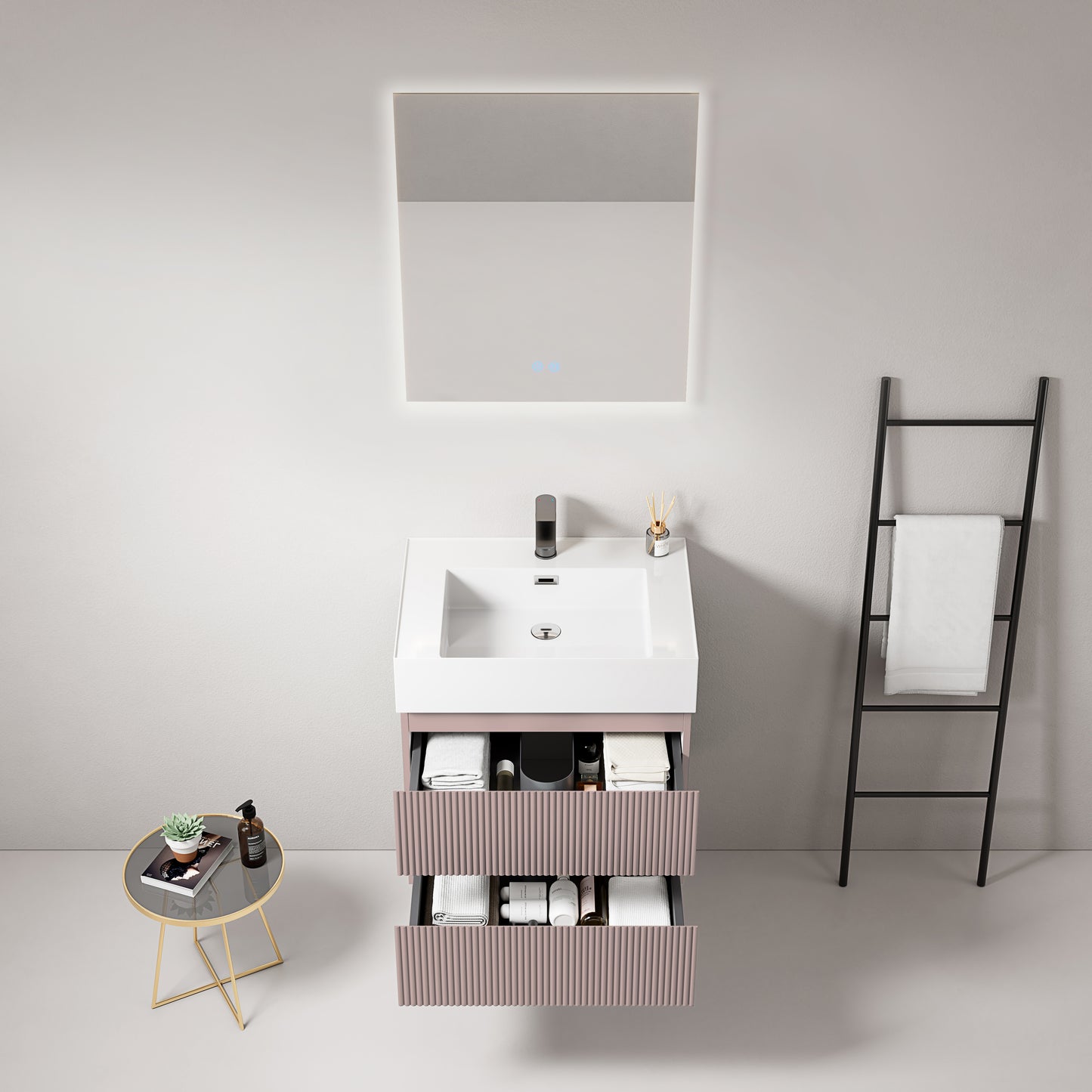 Mobile bagno sospeso cannettato 60 cm Rosa Retro Lavabo in Resina Specchio Quadro Retroilluminato - Fiji Paint